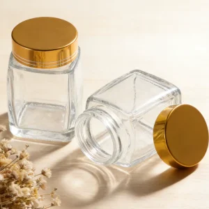 Glass Honey Jar Clear Glass Airtight Gold Lid Food Grade Home Kitchen Honey Storage Container