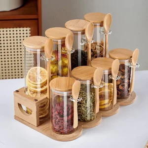 Glass Kitchen Canisters with Bamboo Spoons for Coffee, Sugar, Beans, Spices, Nuts and Cookies, with Bamboo Stand