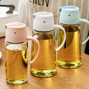 Glass Kitchen Oil and Seasoning Bottle with Handle, Automatic Lid, Non-Drip Oil Control