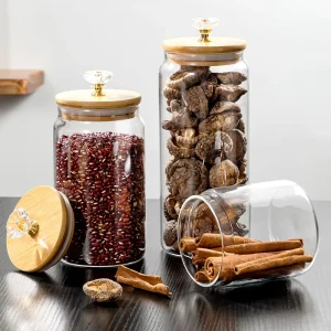 Glass Manufacturer BPA Free Non toxic Clear Cylinder High Borosilicate Glass Canistor Jar with Bamboo Lid Diamond Decoration