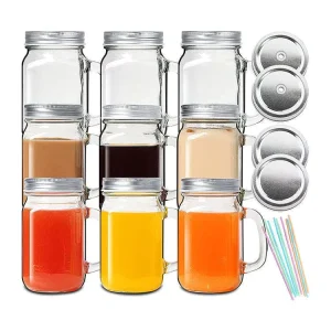 Glass Mason Jar Cup with Handle, Lid, and Straw, 4oz/10oz/16oz/24oz