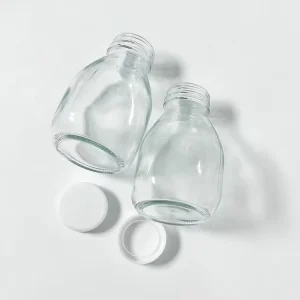 Glass Milk Bottles Squat Short Round Reusable Juice Containers with Plastic Lid