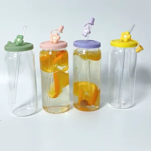 Glass Milk Tea Containers with Straw Covers Transparent Straw Glass Cup with Lid for Juice Soda Beer Wine