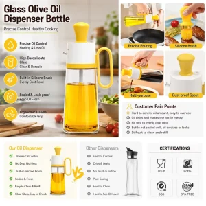 Glass Olive Oil Dispenser Bottle with Easy Pour Spout and Oil Brush