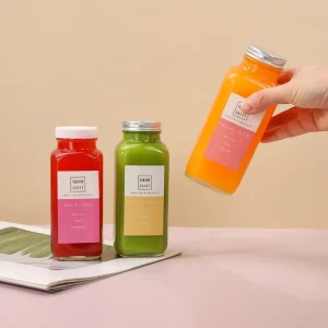 Glass Packaging Bottle Suppliers Empty 8oz 12oz 16oz square Drink Beverage Glass Juice Bottles with Lids for Smoothie Tea Milk