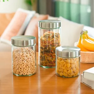 Glass Pantry Storage Jar Set with Airtight Stainless Steel Lids for Cereals and Food