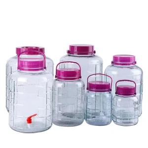 Glass Pickle Jar and Wine Fermenter with Handle, Cap and Faucet, 1L to 20L