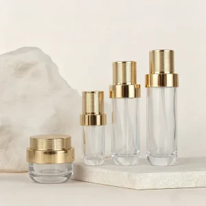 Glass Skincare Set Cosmetic Bottles and Jars with Gold Caps