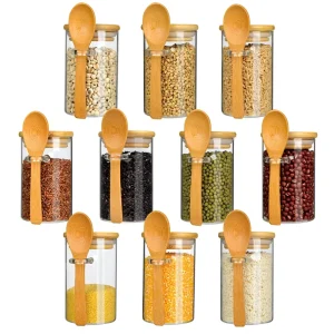 Glass Spice Storage Container with Spoon and Bamboo Lid