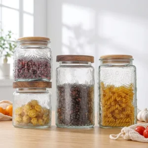 Glass Storage Container 16 Oz 32oz Round Engrave Pattern Kitchen Glass Food Storage Jar With Airtight Wooden Bamboo Lid