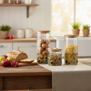 Glass Storage Jar with Bamboo Lid, Decorative Floral Pattern, Food-Safe Kitchen Pantry Container