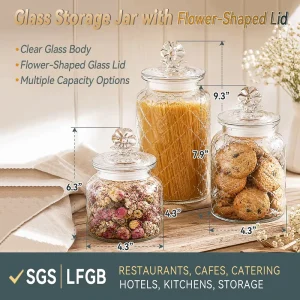 Glass Storage Jars for Cafes with Flower Lid for Pasta and Cookies
