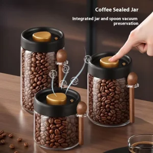 Glass Vacuum Storage Canister with Wooden Spoon Airtight Food Container for Coffee Beans and Milk Powder