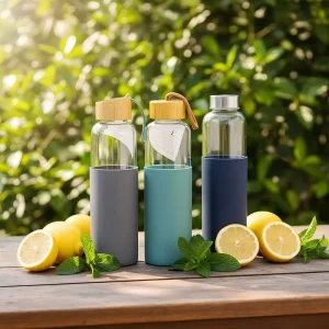 Glass Water Bottle with Wooden Lid 700ml 1000ml High Borosilicate Glass Drinking Bottle with Silicone Wrap