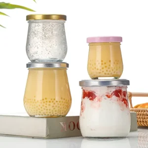 Glass Yogurt Jars with Screw Metal Cap Clear Round Pudding Glass Jar for Jam Milk Honey Jelly
