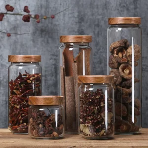 Good Quality Durable Airtight Sealing Wooden Lid High Borosilicate Glass Container Jar for Kitchen Storage