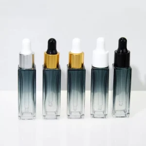 Gradient Color Square Glass Dropper Bottles Luxury Cosmetic Packaging for Serum & Essential Oil with Black Cap