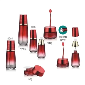 Gradient Red Luxury Cosmetic Lotion Bottle Set with Magnet Spoon Jar for Cream Products Personal Care Gift Packaging