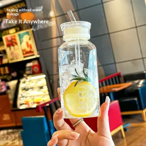 Graduated Glass Water Cup with Double Lid and Straw, Leakproof, Heat Insulated, for Brewing Tea