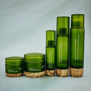 Green Frosted Cosmetic Bottle and Jar with Wooden Bottom