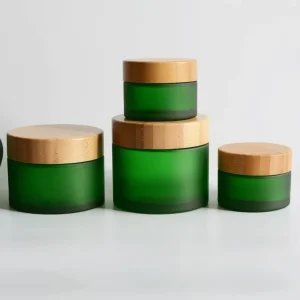 Green Frosted Glass Jar Bamboo Lid 3.5g 3oz 4oz Green Glass Container