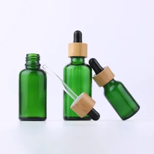 Green Glass Bamboo Dropper Bottle with Matte Finish Screw Cap for Essential Oil and Skin Care Serum