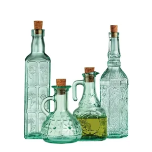 Green Glass Olive Oil Vinegar Dispenser with Wood Cork Lid Airtight Condiment Bottle Square Design 4PC for Kitchen Seasoning
