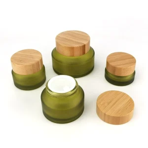 Green and Brown Glass Cream Jars with Bamboo Lids for Face Cream, Lotion, and Skincare