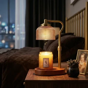 Grid Textured Heat Resistant Glass Flameless Candle Warmer Lamp with 4 Dimmable Settings & 2 8H Auto Shutoff Timer for Candles