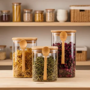 Hand-Blown Clear Glass Airtight Square Jar with Bamboo Lid and Spoon, 900ml
