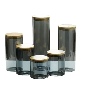 Hand Blown Smoke Transparent Grey Color Borosilicate Glass Kitchen Storage Containers with Bamboo Wooden Lid
