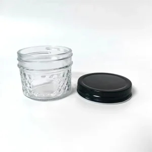 Handmade Embossed Diamond Glass Caviar Mason Jar with Airtight Metal Lid for Jam, Jelly, Honey, Sugar and Candy