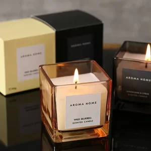 Handmade Square Glass Votive Candle Jars, Matte Black and Amber, Custom Logo, Soy Wax Scented