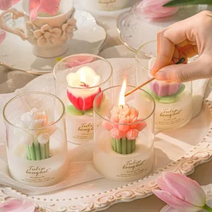 Handmade Tulip Bouquet Flower-Shaped Scented Candles Gift Glass Jar Candle Cup for Valentine’s Day Wedding Home Decoration