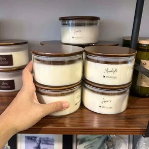 Heat-Resistant Big-Mouth Glass Candle Jar with Brown Lid, 17 oz, Empty Short Container