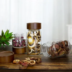 Heat Resistant Borosilicate Glass Jar 100ml 300ml Acacia Wood Screw Lid For Candy Storage