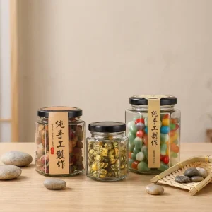 Hexagon Glass Canning Jars for Honey Storage with Black Metal Lids