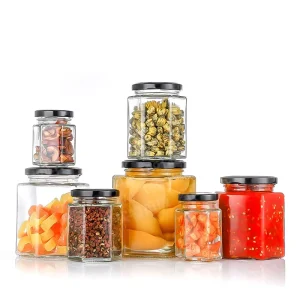 Hexagon Glass Food Storage Jar with Metal Lid for Canning