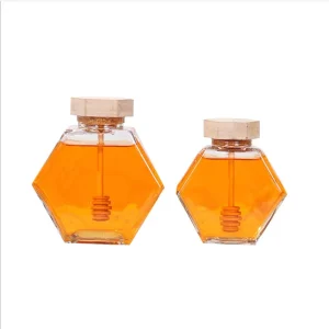 Hexagon Glass Honey Food Jar with Wooden Lid for Sugar Oil Snacks Candy Chocolate and Noodles