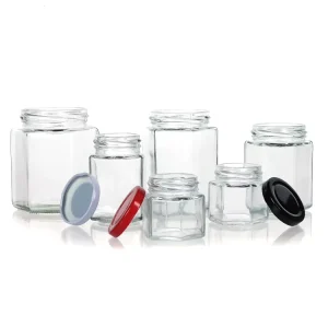 Hexagon Glass Honey and Jam Jar with Metal Lid 80ml 90ml 500ml