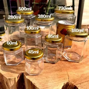 Hexagon Glass Jar with Twist-Off Lid for Honey, Jam, and Pickles, 45ml to 730ml