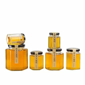 Hexagon Glass Jars with Gold Plastisol-Lined Lids for Jam Honey Baby Food Spice Storage and Canning
