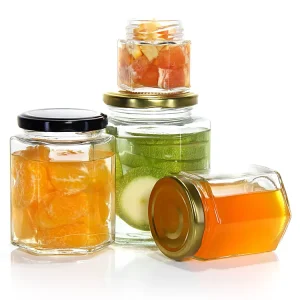 Hexagon Glass Jars with Gold Plastisol-Lined Lids for Jam, Honey, Baby Food, Spices, Crafts, and Canning