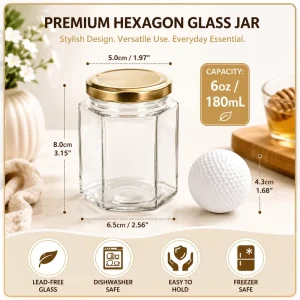 Hexagon Glass Mason Canning Jar with Lid for Honey, Jam, Spices, and Storage