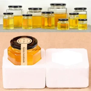 Hexagonal Glass Bottle Honey Jar One Jin Baby Food Container for Canning Jam Bird’s Nest Boil Safe Wooden Plastic Spoons