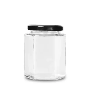 Hexagonal Glass Canning Jars Food Grade Empty Glass Honey Jar with Black Lids Chalkboard Stickers