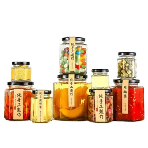 Hexagonal Glass Jar for Hot Sauce Jam Honey Pickling and Food Storage