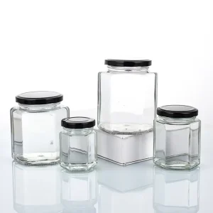 Hexagonal Glass Jar with Decal for Honey, Chili Sauce, Lemon Paste, Cake, Chocolate, Candy, and Jelly