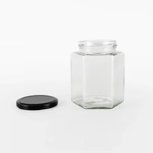 Hexagonal Transparent Food Storage Glass Jars with Sealed Metal Lid for Honey and Jam, 100ml 180ml 280ml 380ml