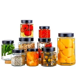Hexagonal Transparent Glass Canning Jar with High Lid, Model KH-04